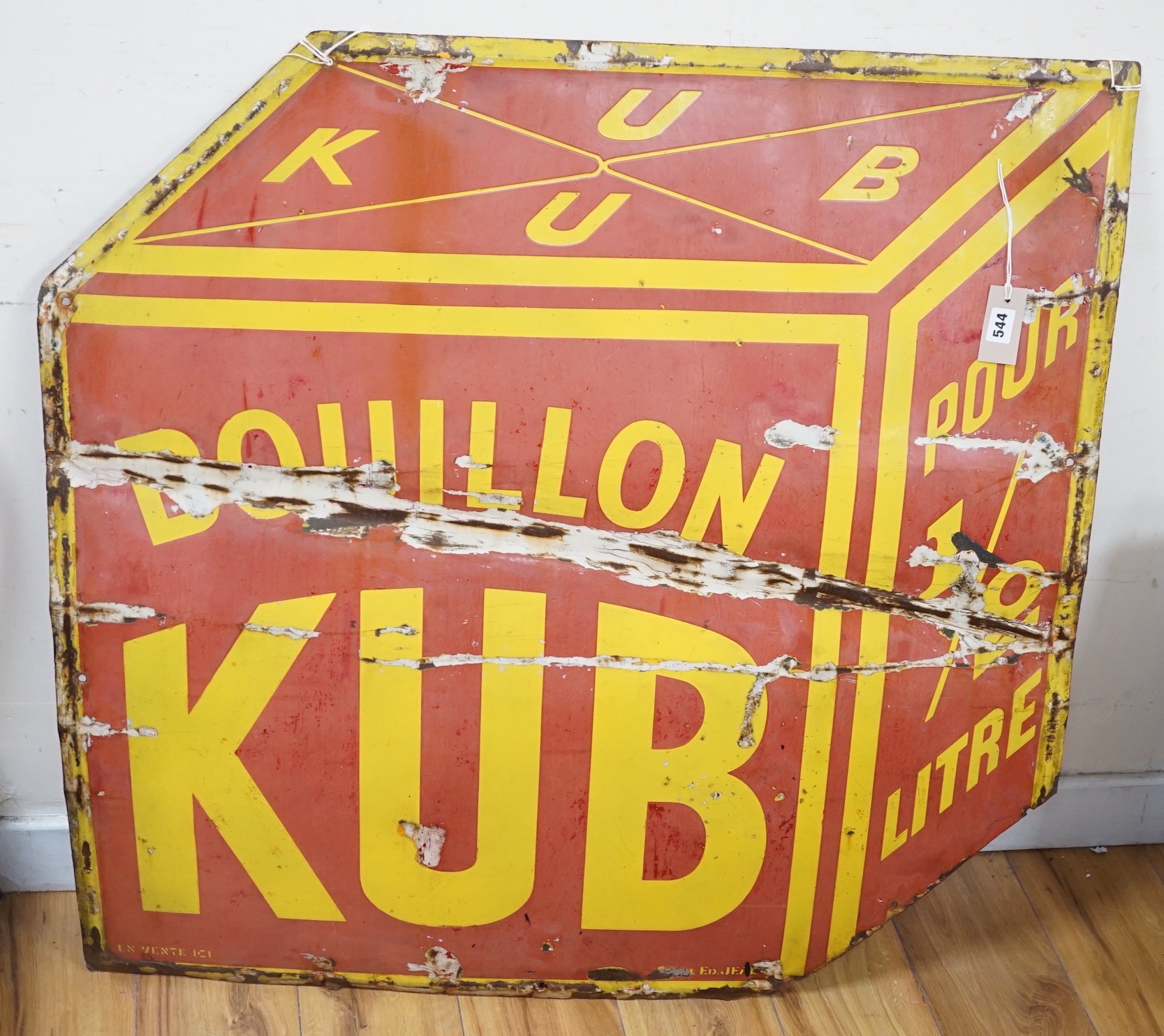 A French enamel advertising sign, “Bouillon Kub”, 97cm wide, 97cm high